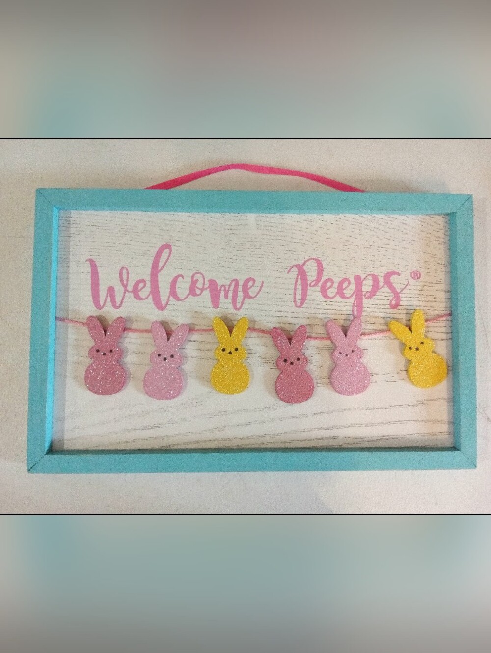 Welcome Peeps Bunny Marshmallow Sign Wall Door Hanging Whimsical Cottage Spring